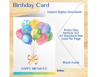 Feliz cumpleaños/Tarjeta de descarga digital imprimible/Globos de colores /Tarjeta 5x7 (A7)/Interior en blanco/Impresiones una por página