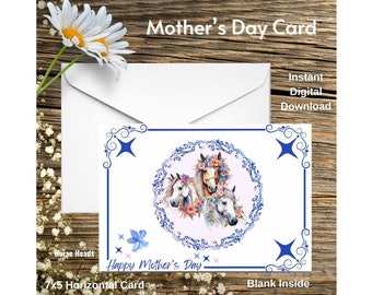 Día de la Madre Caballos Flores Tarjeta Azul Imprimible Descarga Digital 7x5 Impresiones interiores en blanco una por página
