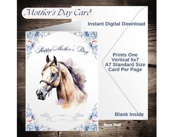 Tarjeta de cabeza de caballo del Día de la Madre Flores Azules Imprimible Descarga Digital 5x7 Impresiones interiores en blanco una por página