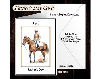 Tarjeta de caballo de carrera del Día del Padre Sedas doradas Descarga digital imprimible 5x7 Impresiones interiores en blanco una por página