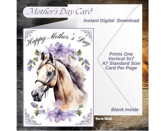 Tarjeta de cabeza de caballo del Día de la Madre Flores Púrpuras Imprimible Descarga Digital 5x7 Impresiones interiores en blanco una por página
