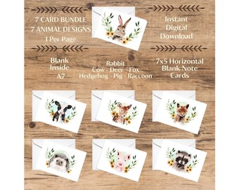 Paquete de 7 tarjetas/7 diseños/Tarjetas de notas de animales de acuarela/Descarga digital imprimible/Tarjeta 7x5 (A7)/Interior en blanco/Impresiones una por página