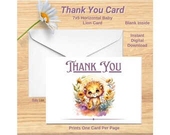 Tarjeta de agradecimiento Baby Lion imprimible Descarga digital 7x5 Impresiones interiores en blanco una por página