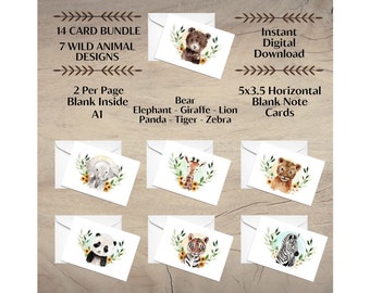 Paquete de 14 tarjetas/7 diseños/Tarjetas de notas de acuarela de animales salvajes/Descarga digital imprimible/Tarjeta 5x3.5 (A1)/Interior en blanco/Impresiones dos por página