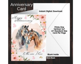 Feliz aniversario tarjeta de cabezas de caballo imprimible descarga digital 5x7 impresiones interiores en blanco una por página