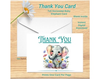 Baby Elephant Thank You Card Printable Digital Download 7x5 Blank Inside Prints One Per Page