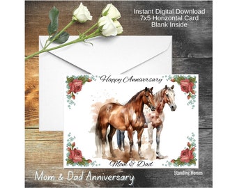 Feliz aniversario mamá y papá caballos de pie tarjeta imprimible descarga digital 7x5 impresiones interiores en blanco una por página