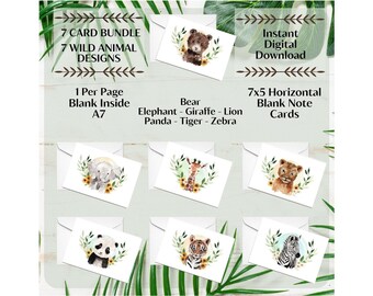 Paquete de 7 tarjetas/7 diseños/Tarjetas de notas de acuarela de animales salvajes/Descarga digital imprimible/Tarjeta 7x5 (A7)/Interior en blanco/Impresiones una por página