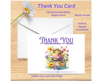 Bebé hipopótamo gracias tarjeta imprimible descarga digital 7x5 en blanco dentro impresiones una por página