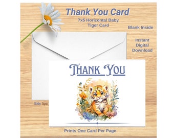 Tarjeta de agradecimiento Baby Tiger imprimible Descarga digital 7x5 Impresiones interiores en blanco una por página