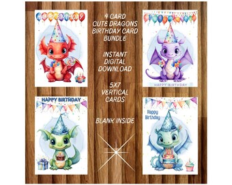 Paquete de 4 tarjetas/Feliz cumpleaños/Tarjeta de descarga digital imprimible/Dragones lindos/Tarjeta 5x7 (A7)/Interior en blanco/Impresiones una por página