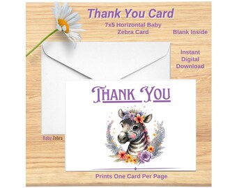 Baby Zebra Gracias Tarjeta Imprimible Descarga Digital 7x5 Impresiones interiores en blanco una por página