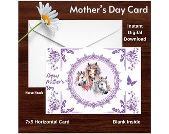Día de la Madre Caballos Flores Tarjeta Púrpura Imprimible Descarga Digital 7x5 Impresiones interiores en blanco una por página