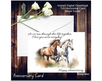 Feliz aniversario corriendo caballos tarjeta imprimible descarga digital 7x5 en blanco dentro impresiones una por página
