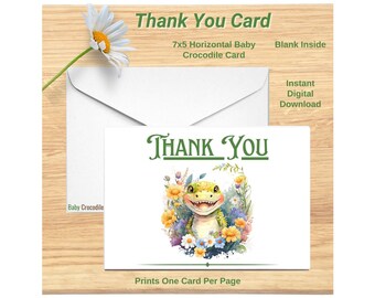 Bebé cocodrilo gracias tarjeta imprimible descarga digital 7x5 en blanco dentro impresiones una por página