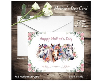 Día de la Madre Caballos Flores Tarjeta Rosa Imprimible Descarga Digital 7x5 Impresiones interiores en blanco una por página