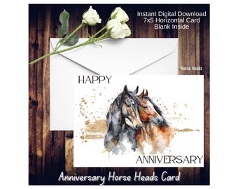 Feliz aniversario tarjeta de cabezas de caballo imprimible descarga digital 7x5 impresiones interiores en blanco una por página