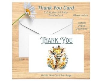 Bebé jirafa gracias tarjeta imprimible descarga digital 7x5 en blanco dentro impresiones una por página