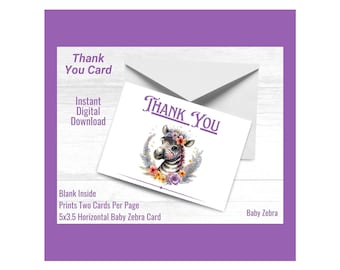 Baby Zebra Gracias Tarjeta Imprimible Descarga Digital 5x3.5 Impresiones interiores en blanco dos por página