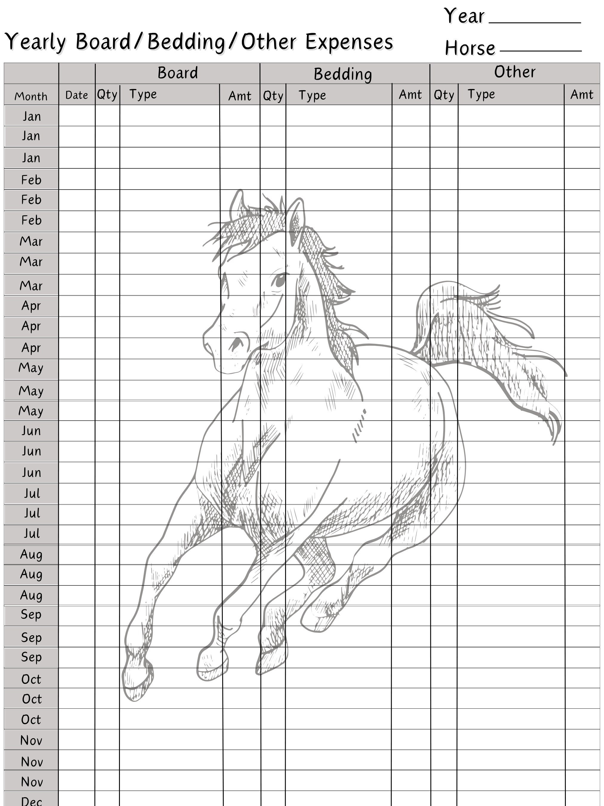 Yearly Horse Maintenance Schedule & Expense Tracker 9page Bundle Black White Digital Printable