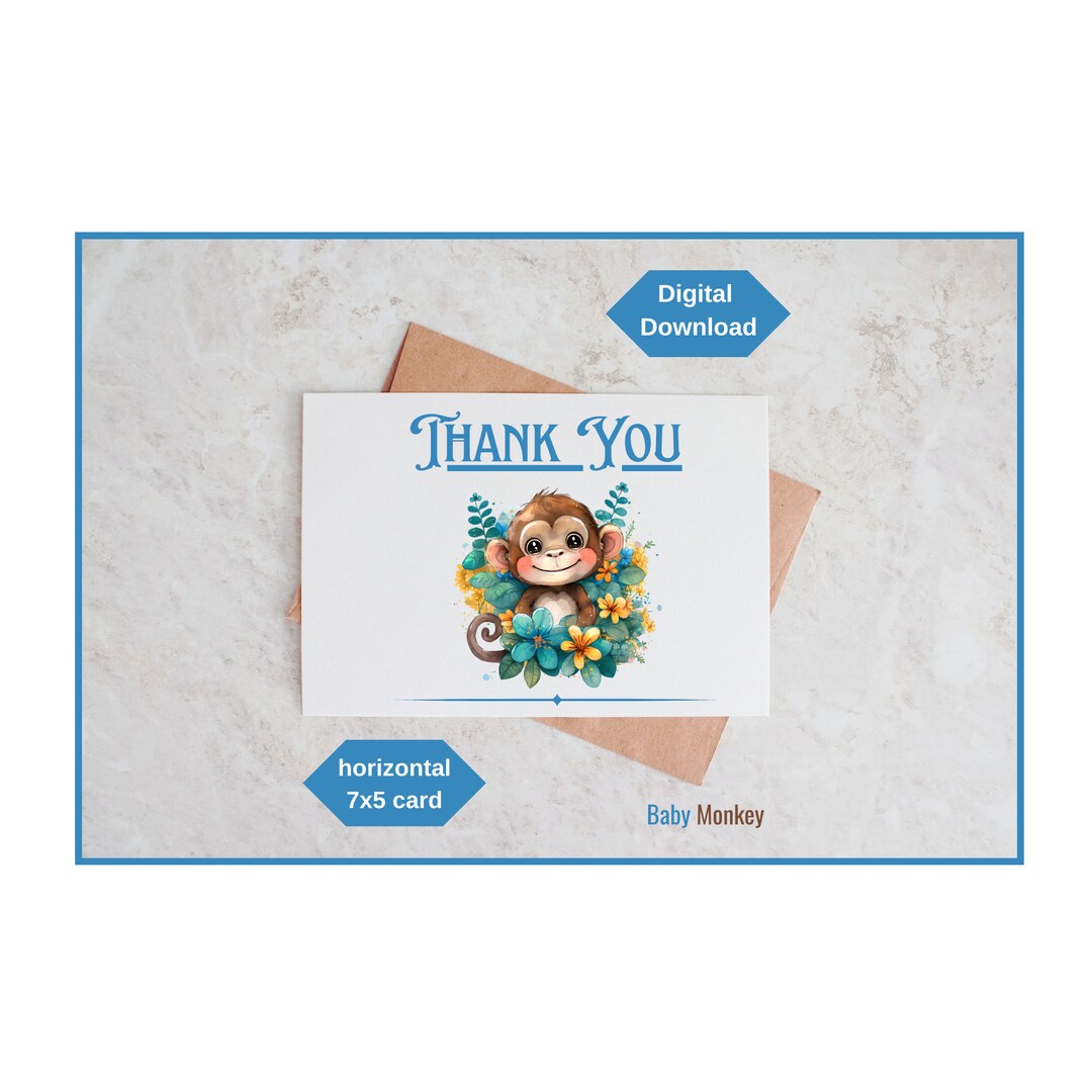 Baby Monkey Thank You Card Printable Digital Download 7x5 Blank Inside ...
