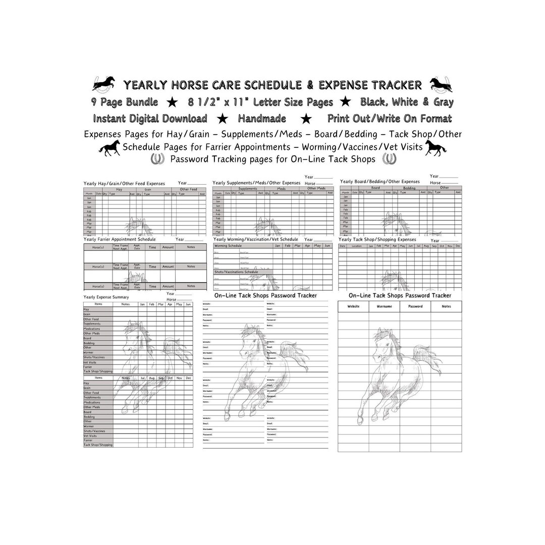 Yearly Horse Maintenance Schedule & Expense Tracker 9page Bundle Black White Digital Printable