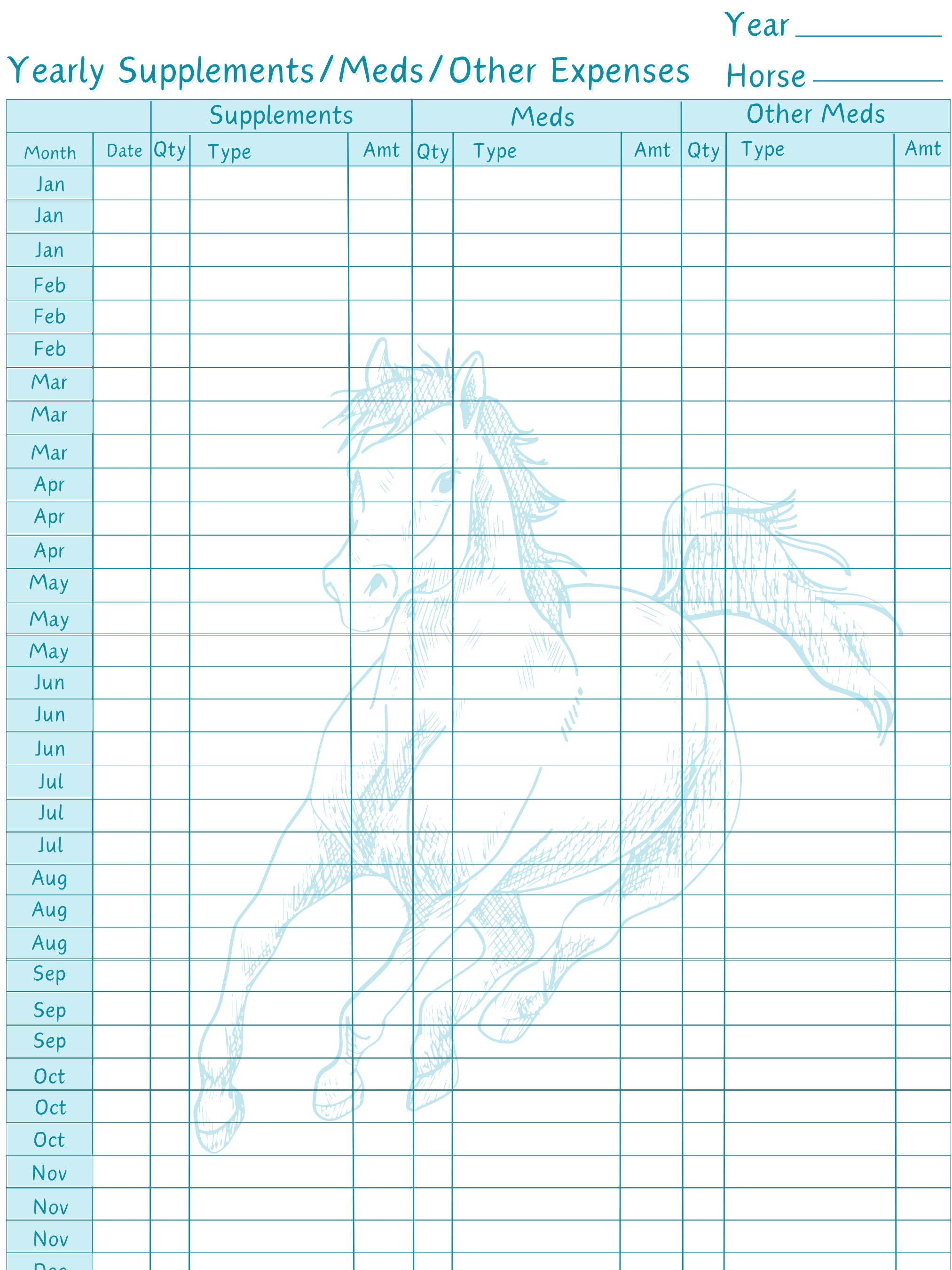 Yearly Horse Maintenance Schedule & Expense Tracker 9page Bundle Fun Colors Digital Printable