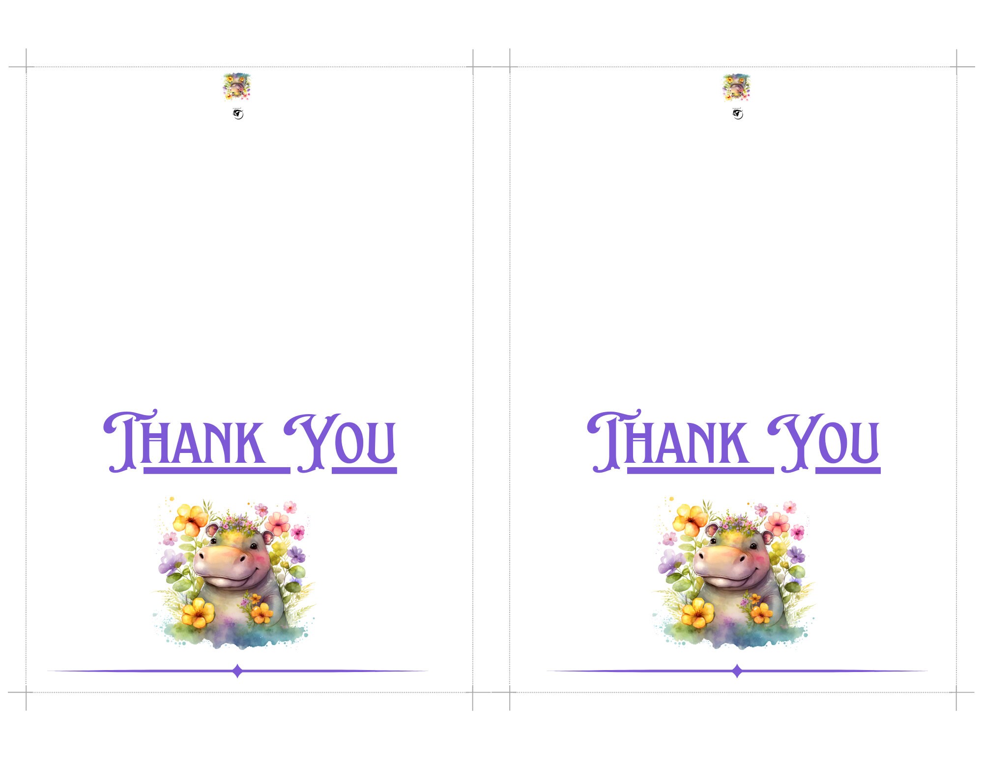 Baby Hippo Thank You Card Printable Digital Download 5x3.5 Blank Inside ...