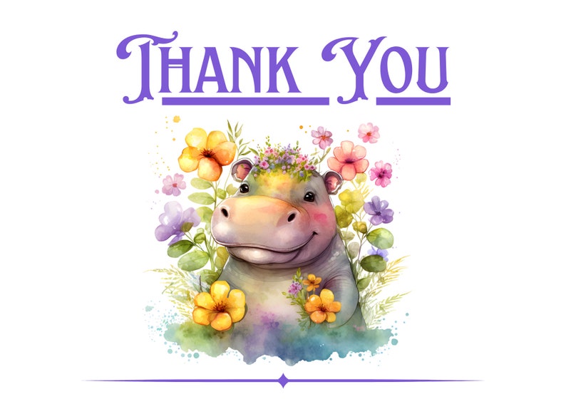 Baby Hippo Thank You Card Printable Digital Download 7x5 Blank Inside ...
