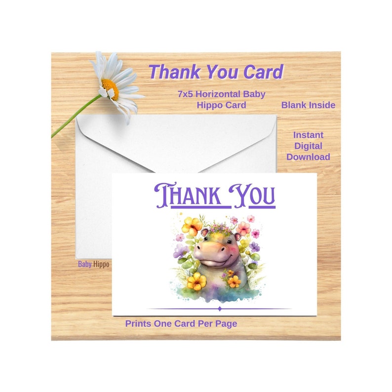 Baby Hippo Thank You Card Printable Digital Download 7x5 Blank Inside ...