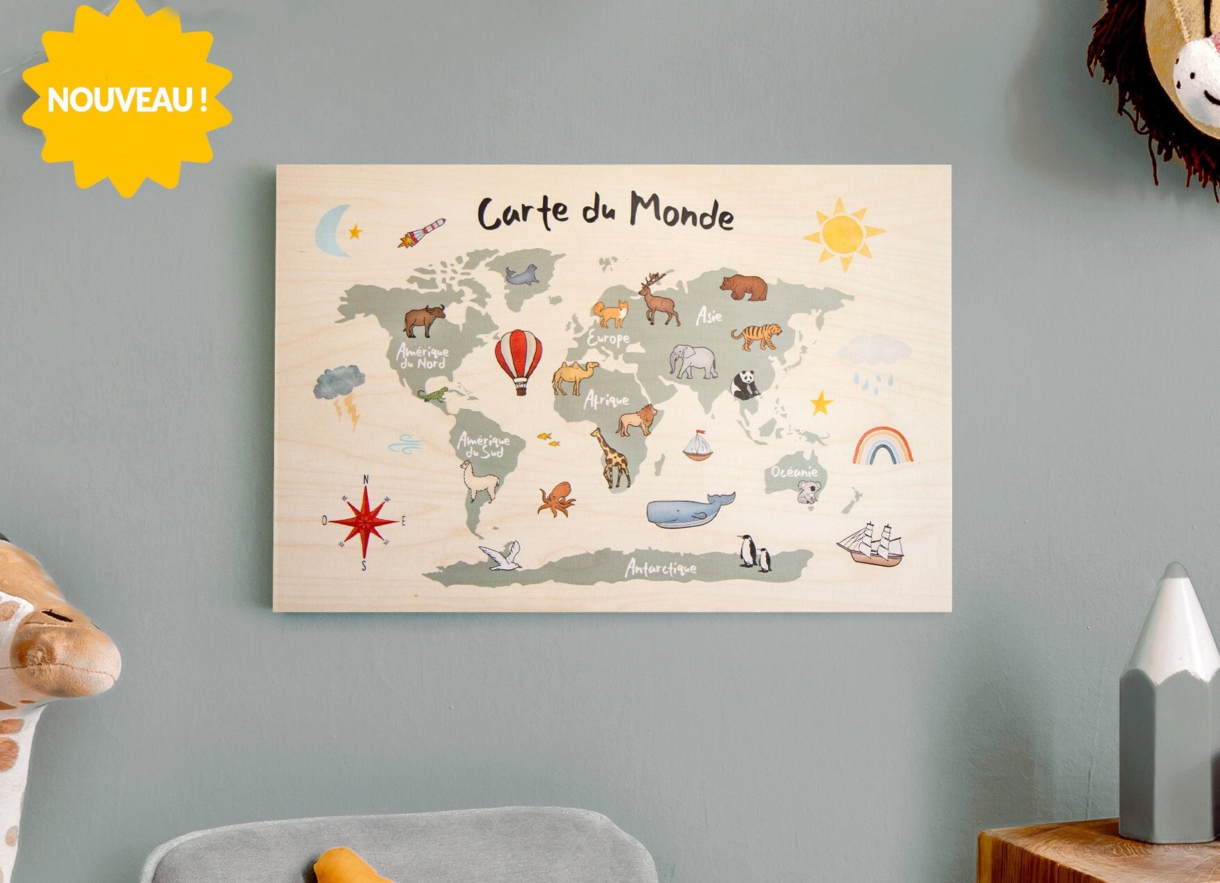 Carte Du Monde Pour Chambre Enfant en Bois avec Animaux Taille A3 45x30cm