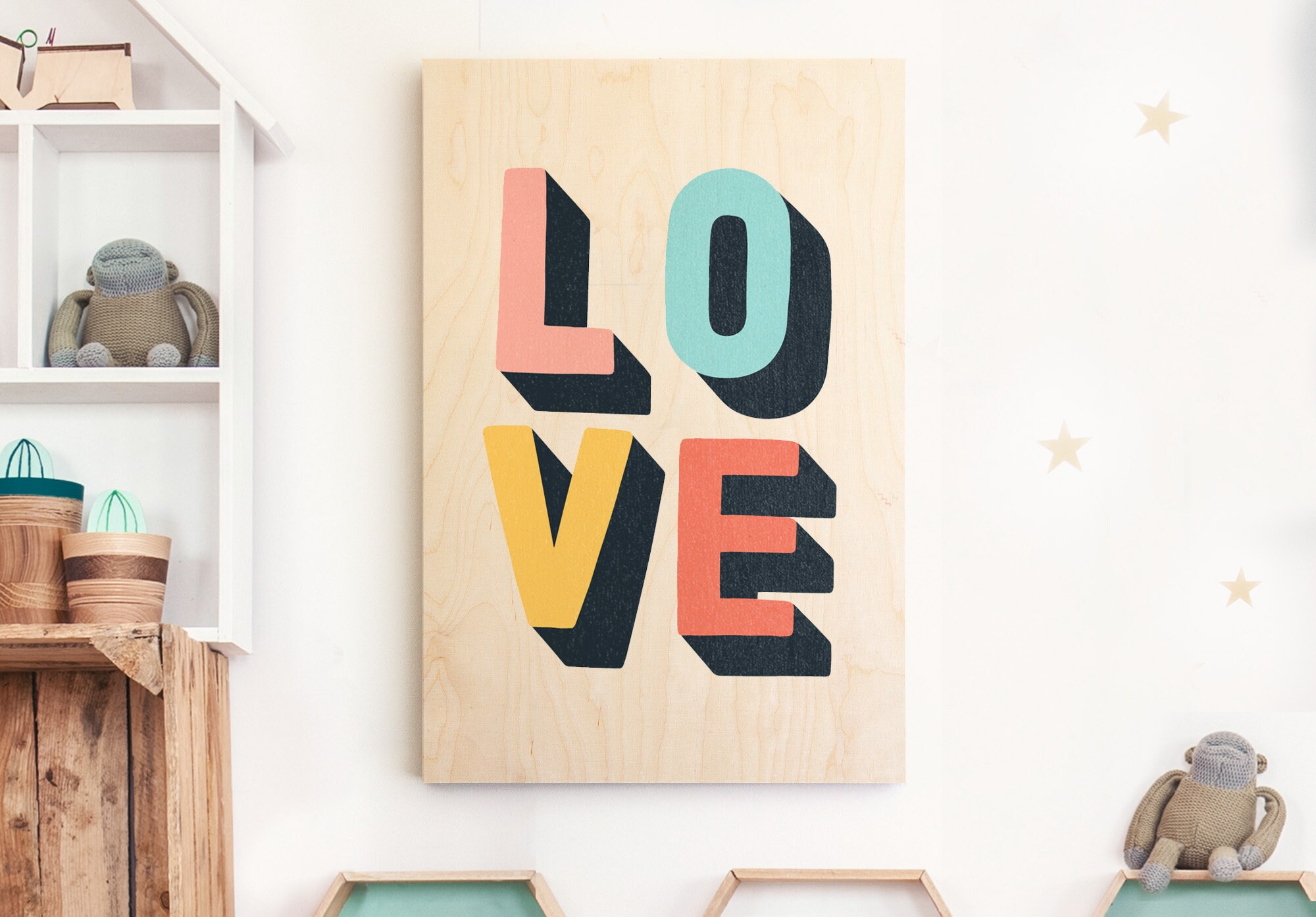 Illustration Lettres Love Chambre Enfant Imprimée sur Bois - Taille A4/A3