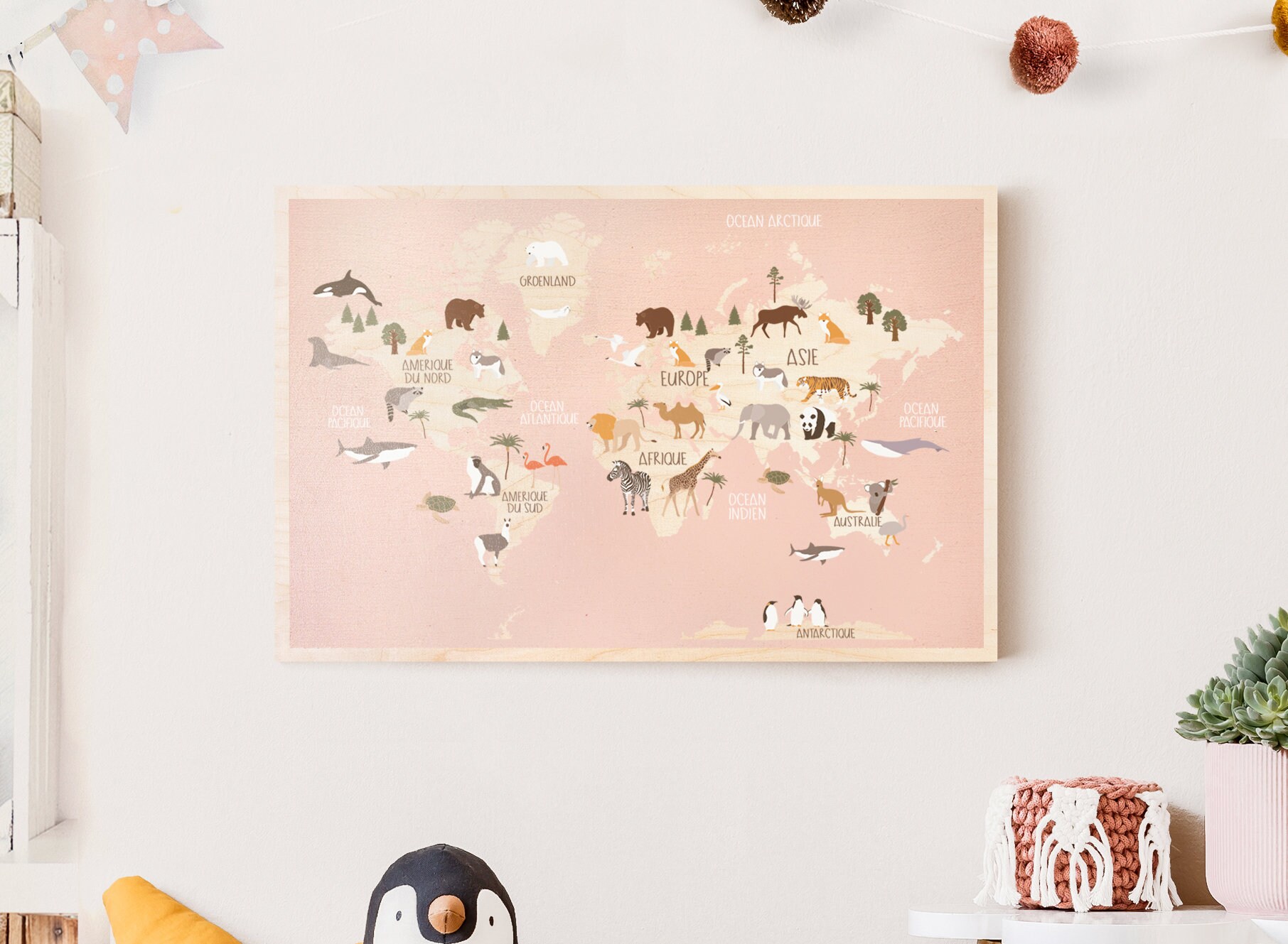 Carte Du Monde Pour Fille en Bois - Imprimée sur Bois Rose Tableau Déco Taille A3 45x30cm