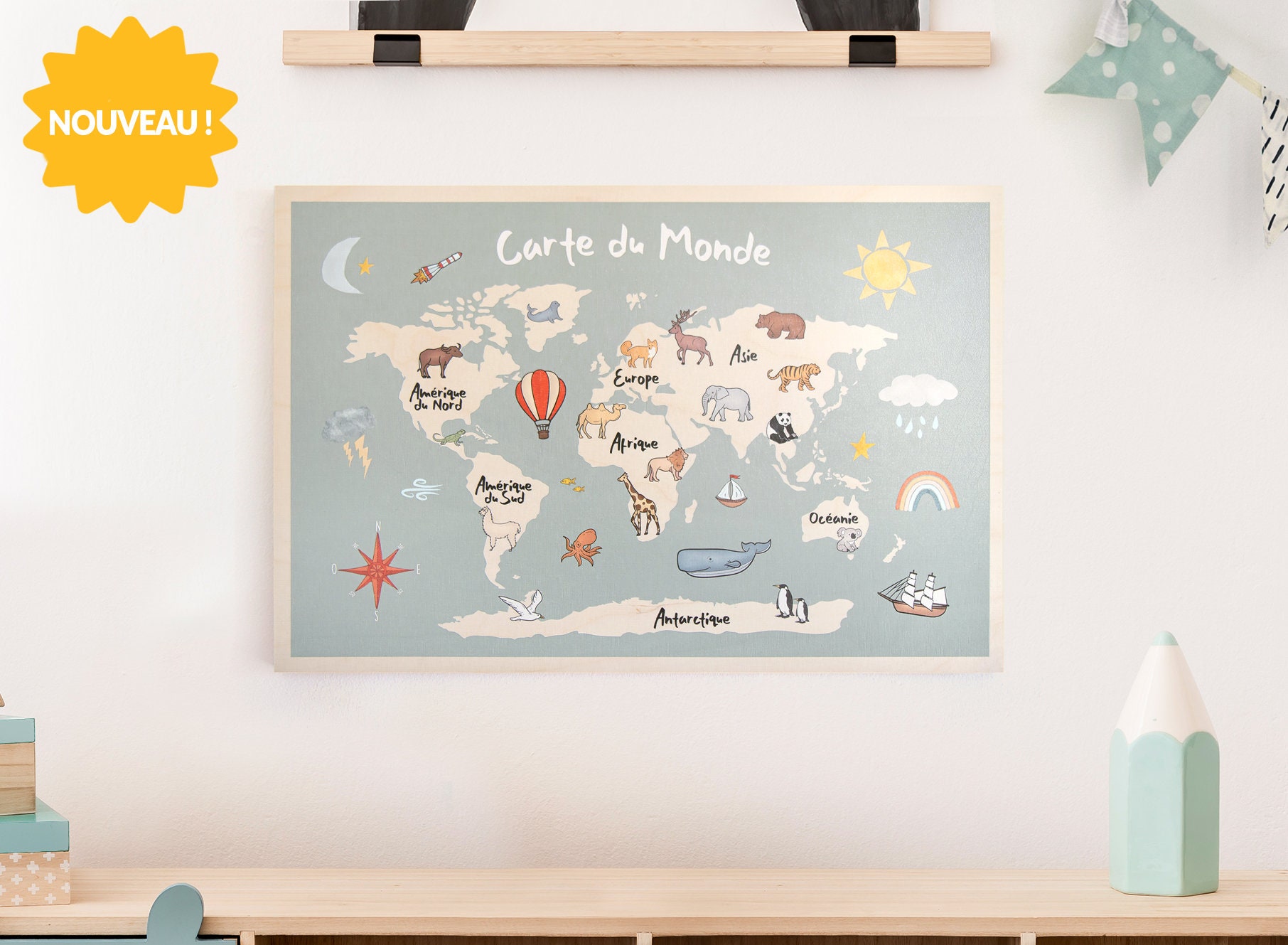 Carte Du Monde Bohème Pour Chambre Enfant en Bois avec Animaux Taille A3 45x30cm