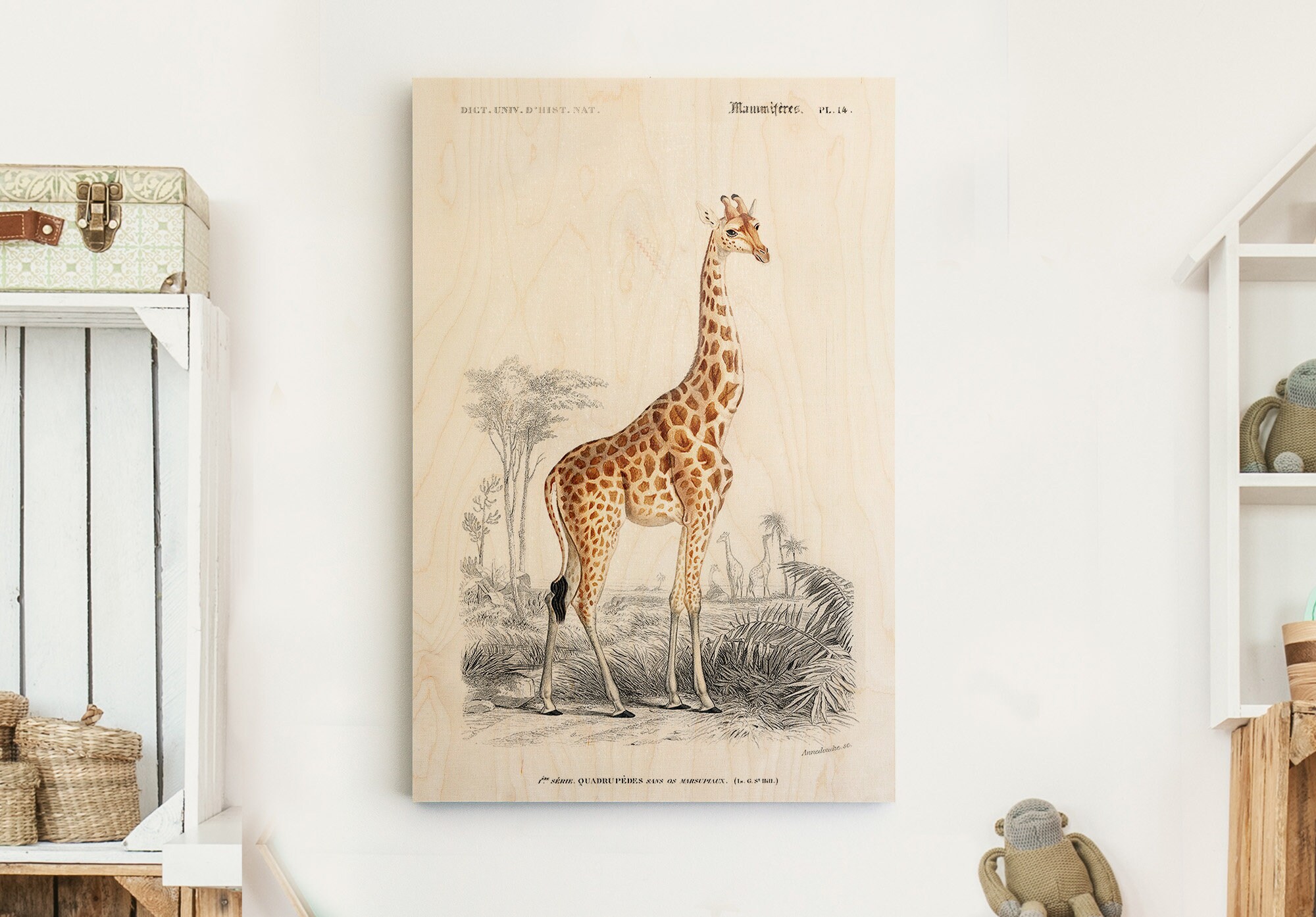 Tableau Bois Girafe Chambre Enfant de Style Vintage - Imprimée sur Bois Tableau Déco Taille A3/A4