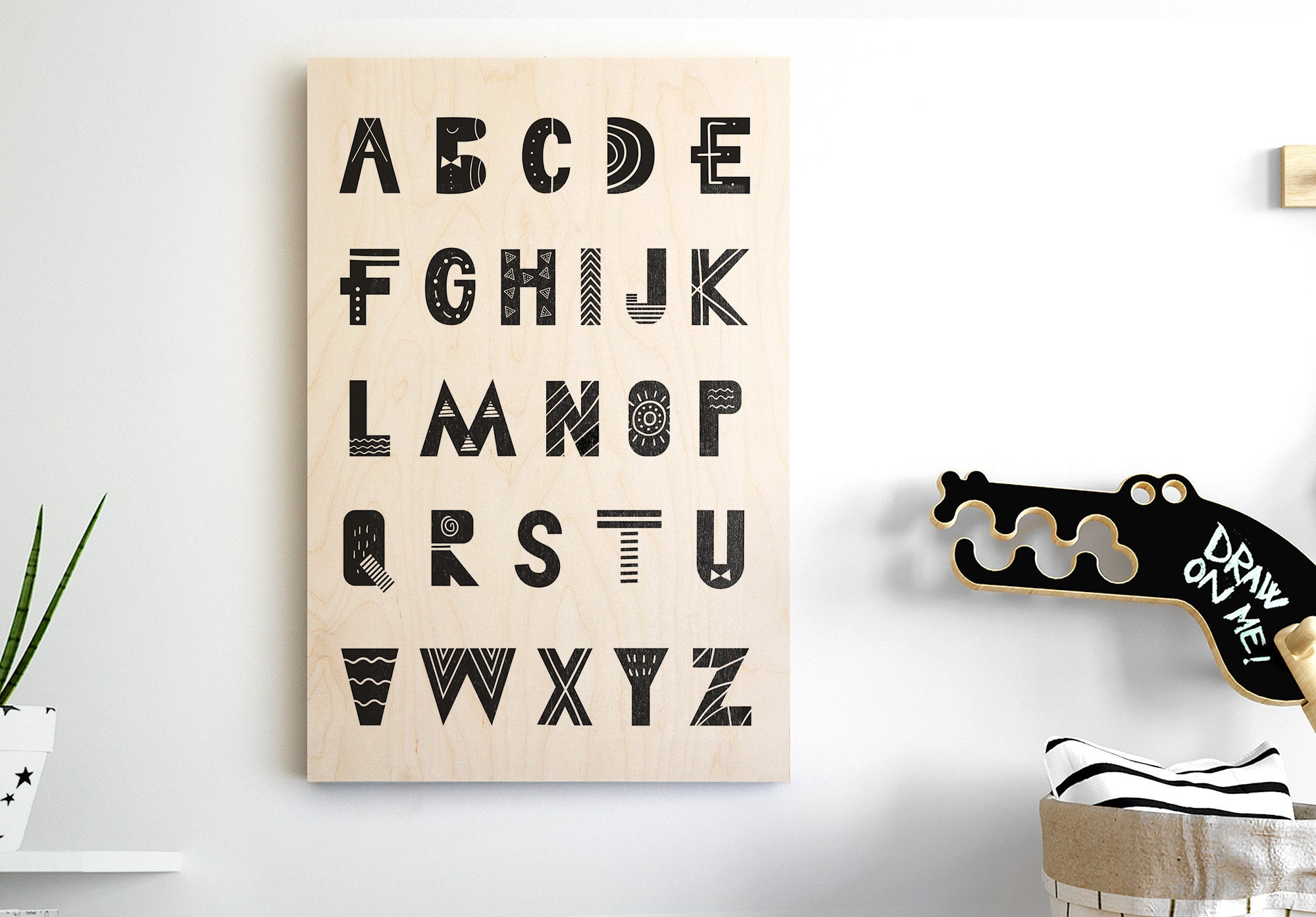 Affiche Alphabet Chambre Enfant Scandinave - Imprimée sur Bois Tableau Déco Taille A3/A4