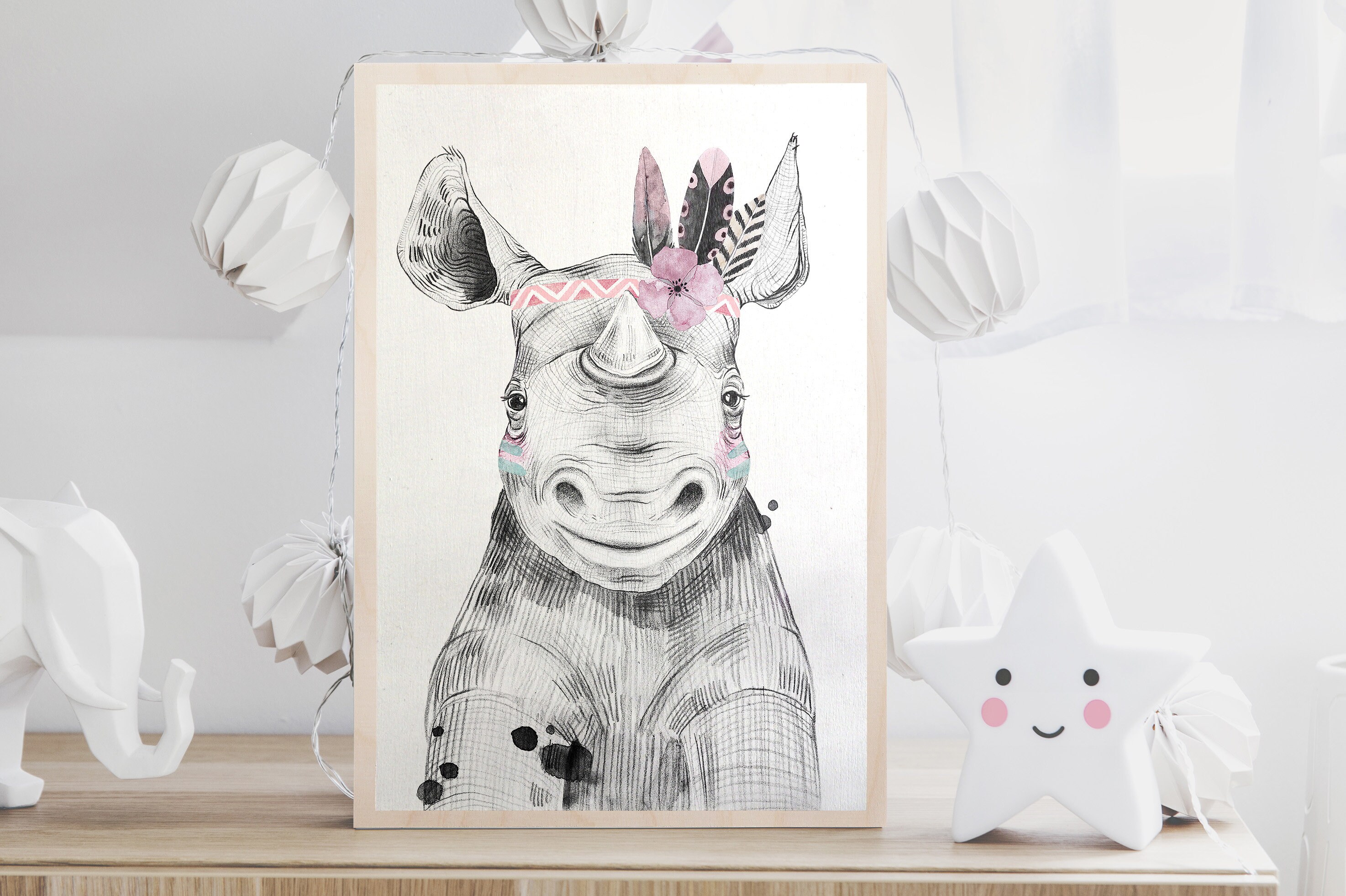 Affiche Chambre Bébé - Imprimée sur Bois Rhinocéros Tableau Déco Taille A3/A4