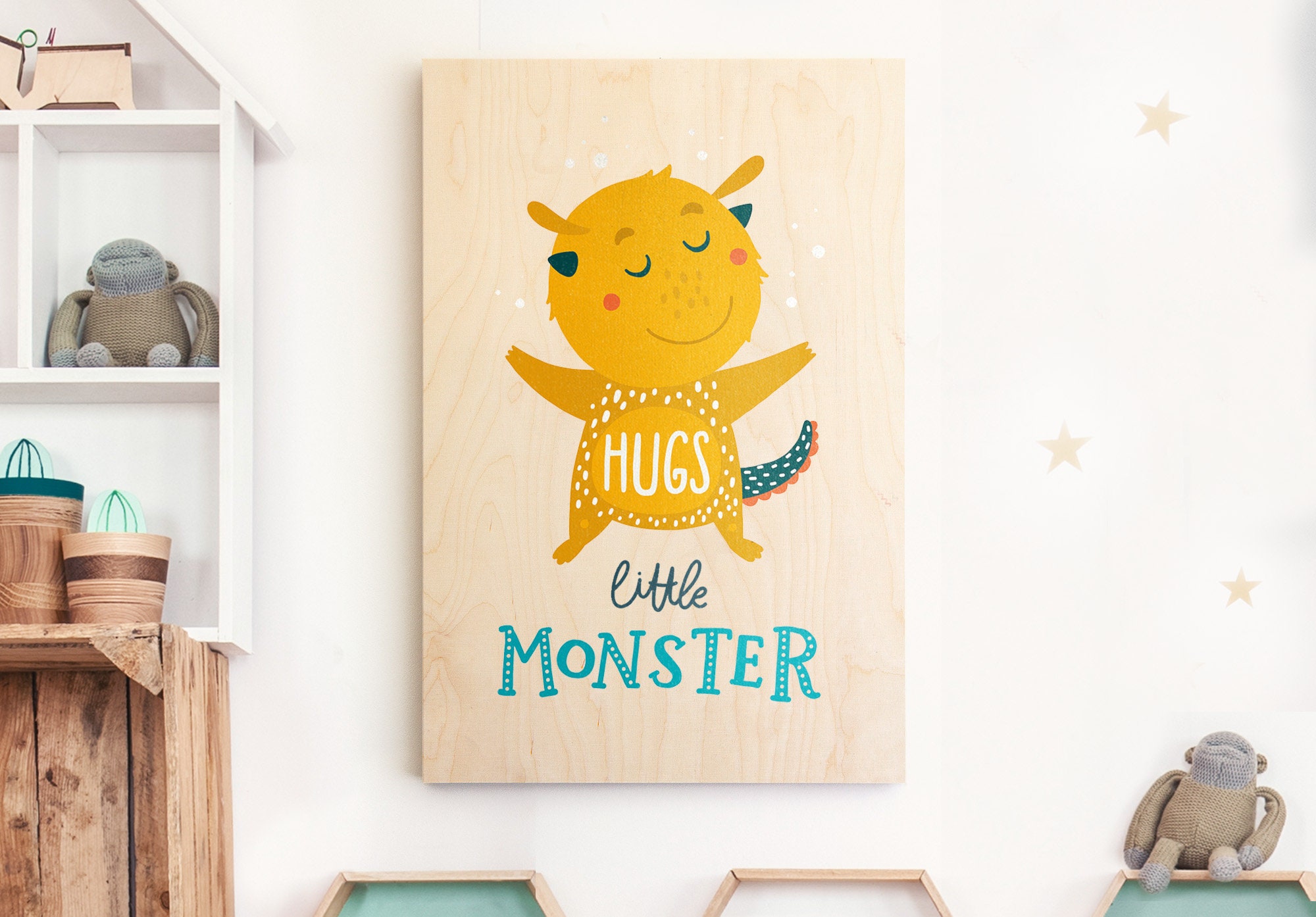 Tableau Bois Petit Monstre Chambre Enfant de Style Vintage - Imprimée sur Bois Tableau Déco Taille A