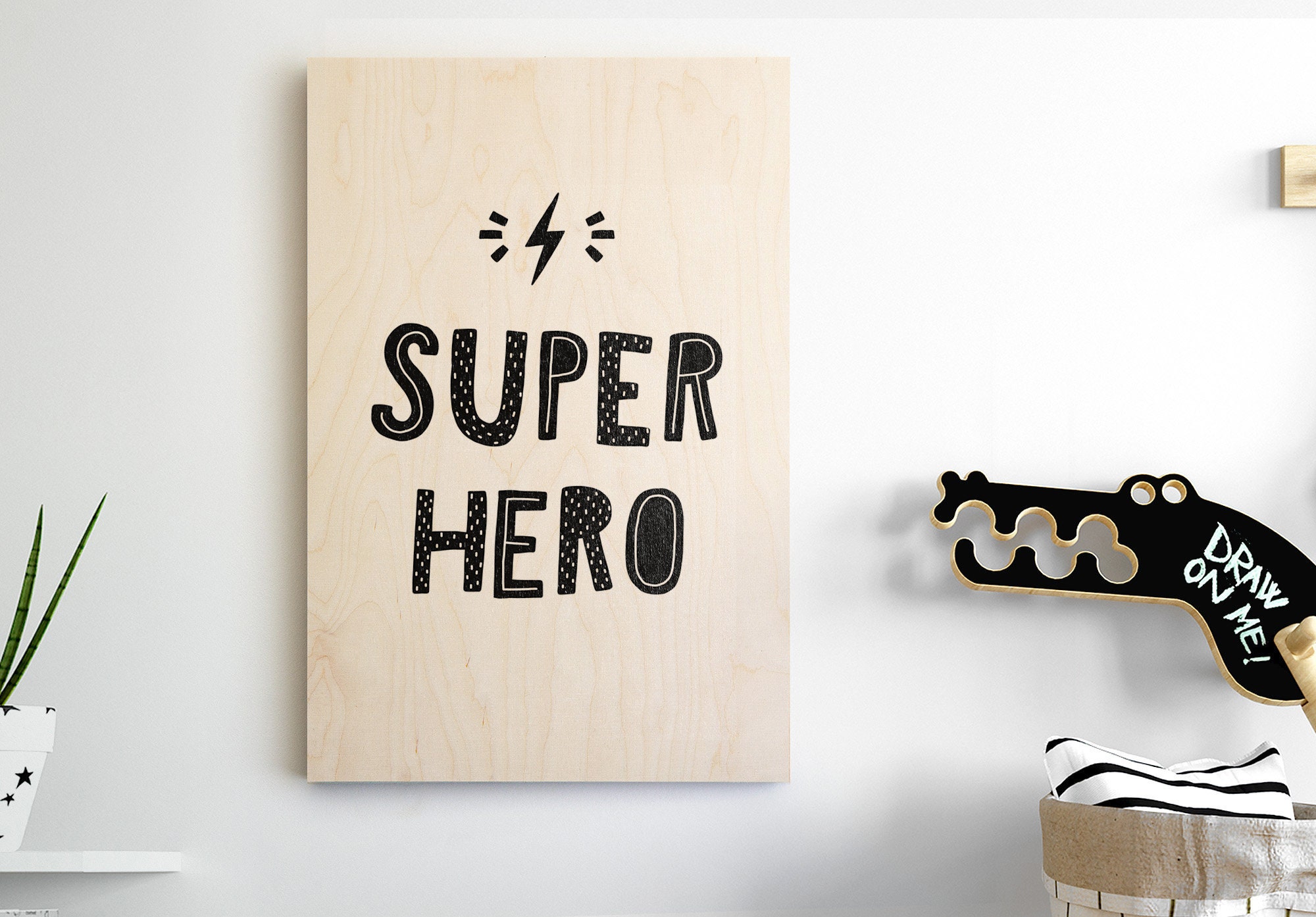 Affiche Chambre Enfant Scandinave - Imprimée sur Bois Super Hero Tableau Déco Taille A3/A4