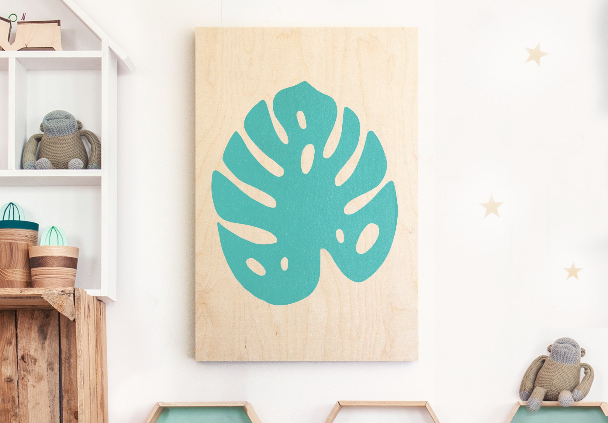 Illustration Monstera Chambre Enfant Imprimée sur Bois - Taille A4/A3