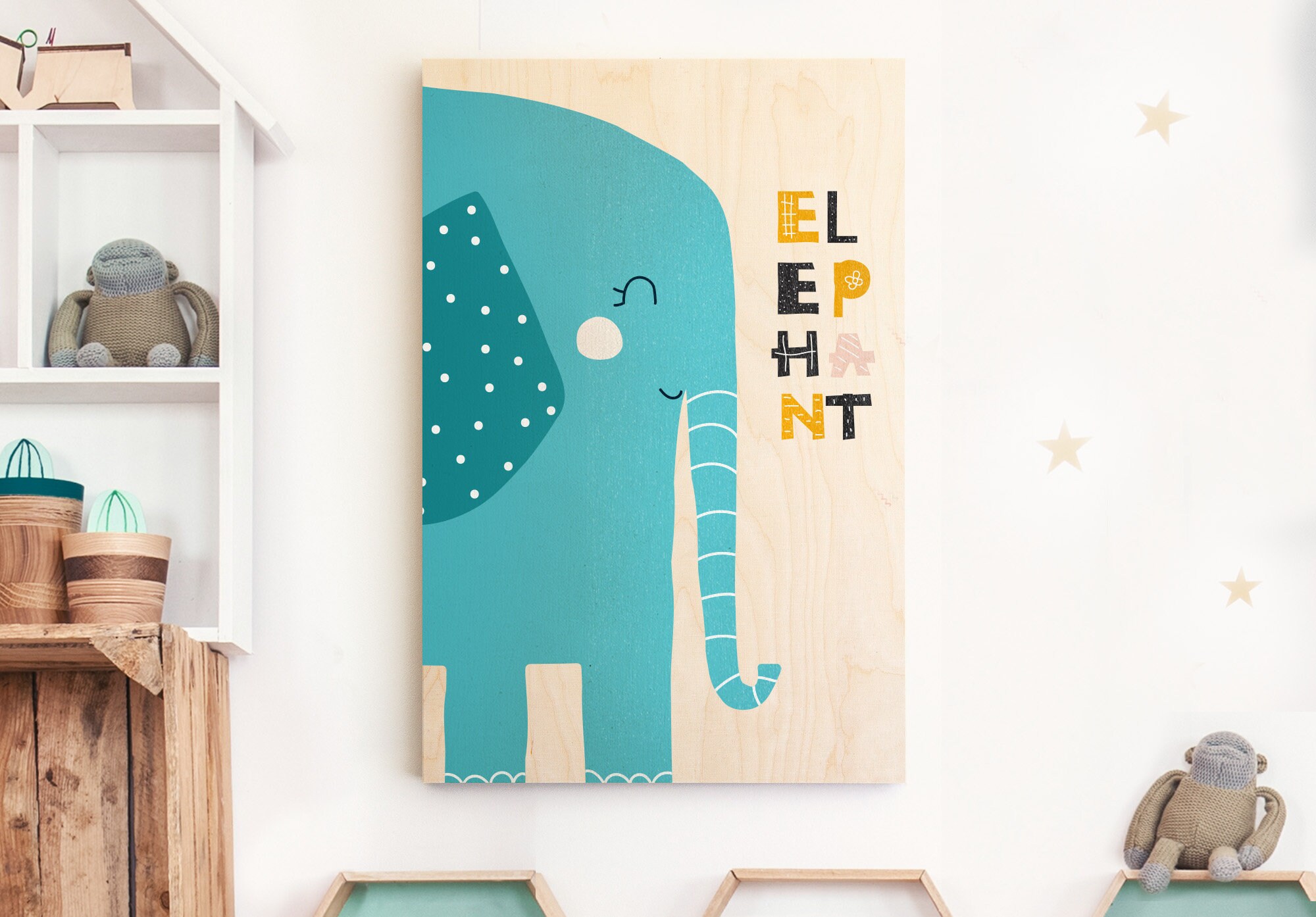 Affiche Illustration Éléphante Chambre Enfant Imprimée sur Bois - Taille A4/A3