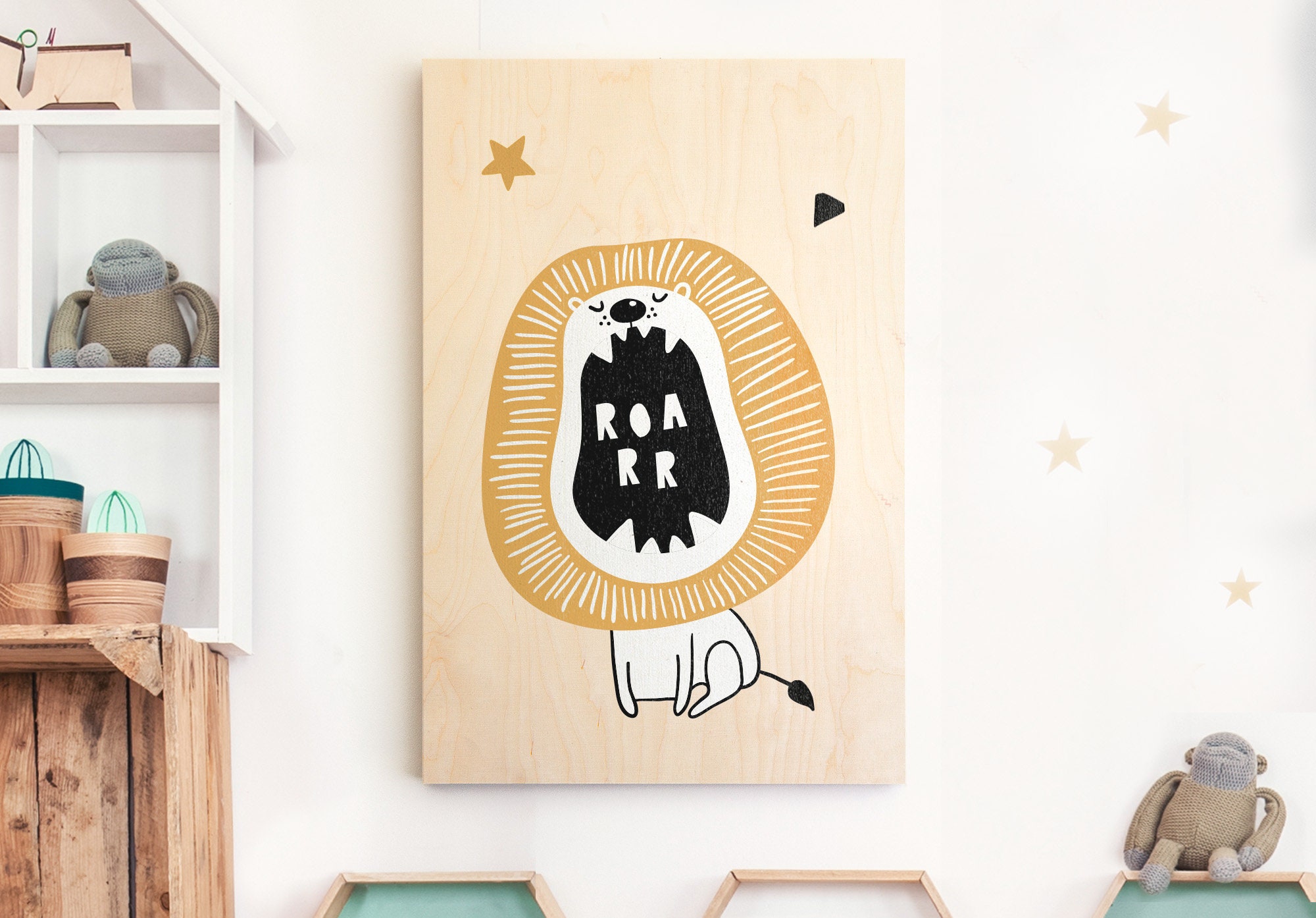 Illustration Lion Imprimée sur Bois Pour Chambre d'enfant - Taille A4/A3