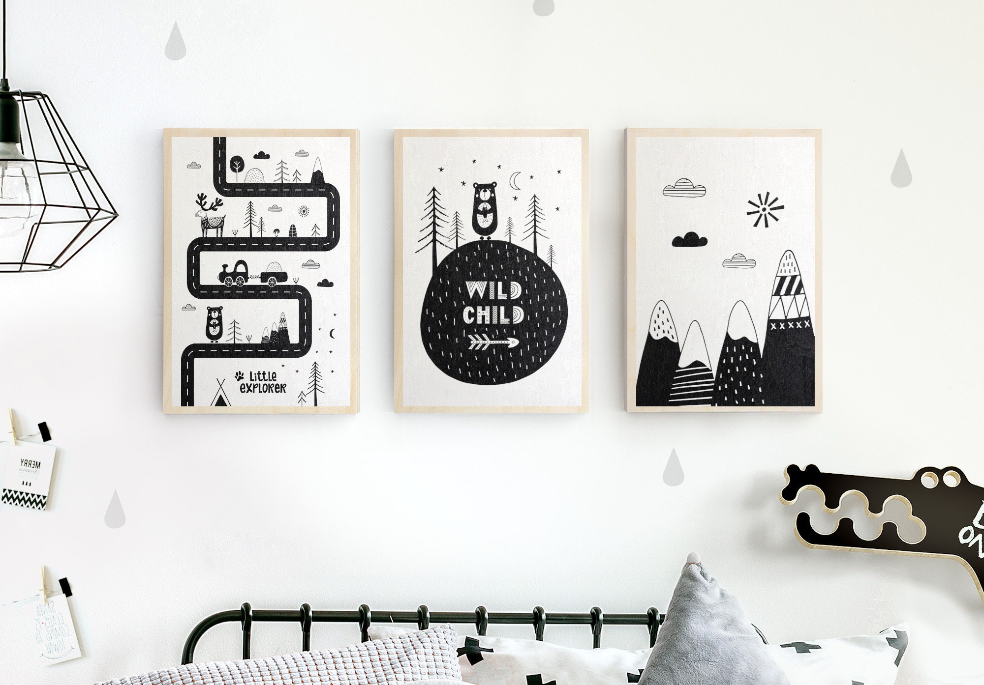 Set de Trois Affiches Scandinaves Imprimées sur Bois Pour Chambre d'enfant - Taille A3/A4