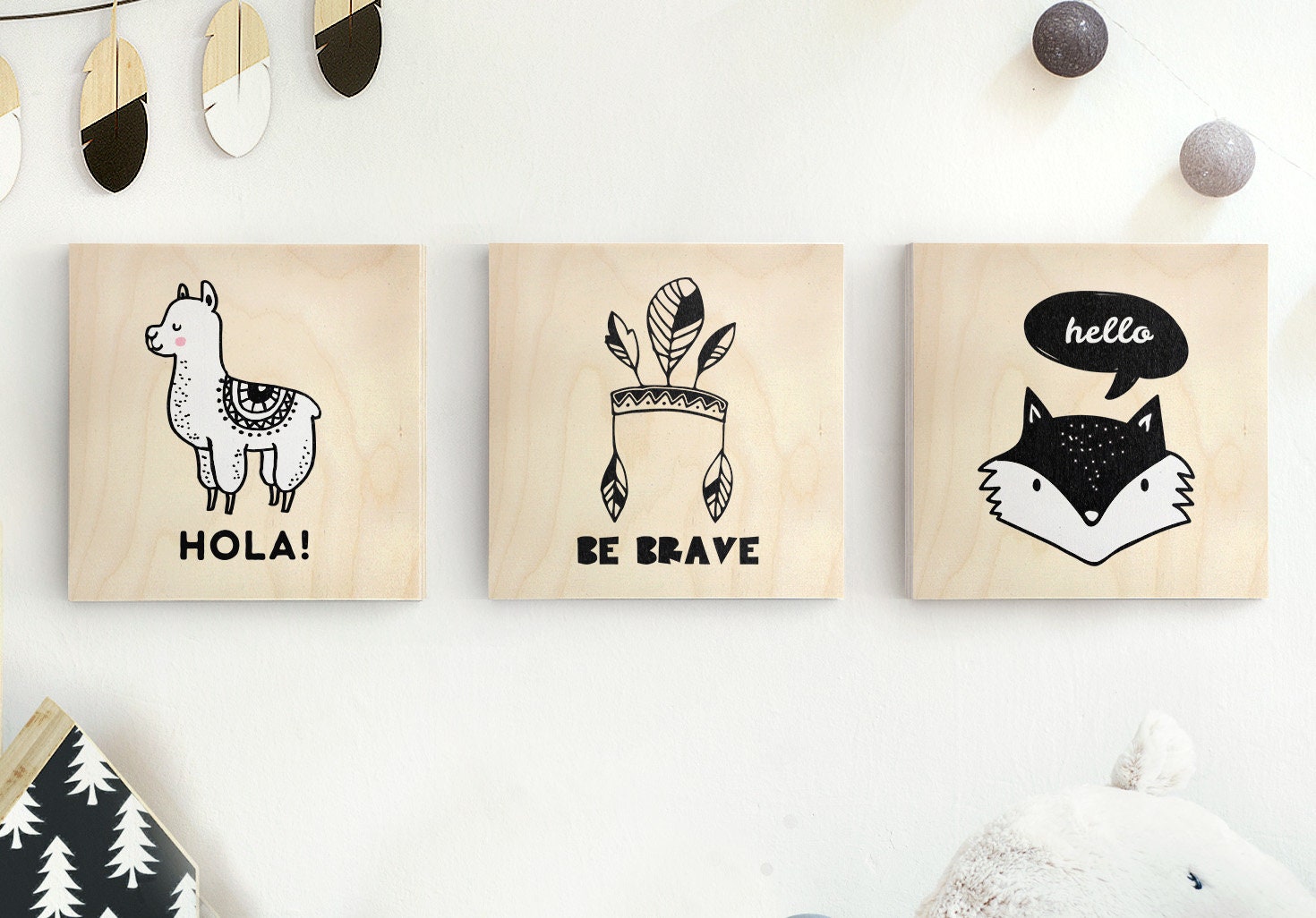 Set de Trois Affiches Scandinaves Pour Chambre d'enfant - Imprimées sur Bois Carre 19x19cm