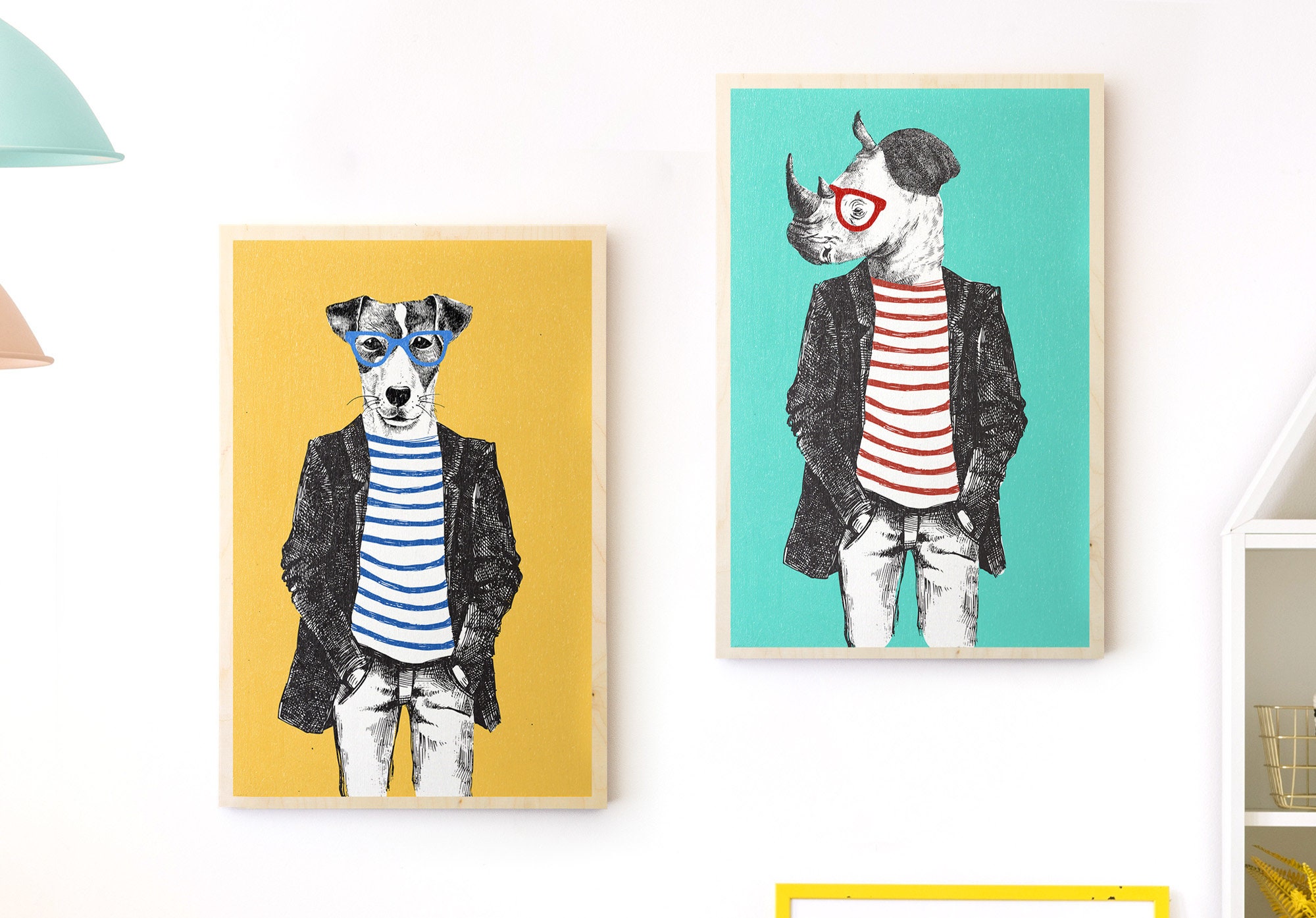 Set Illustrations Animaux Hipster Imprimées sur Bois Pour Chambre d'enfant - Taille A4/A3