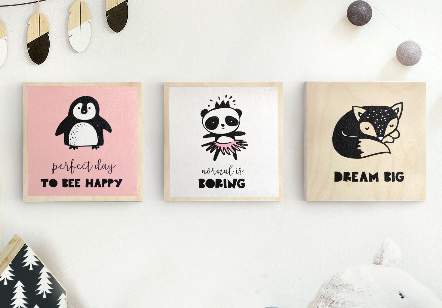 Set de Trois Affiches Scandinaves Pour Chambre d'enfant - Imprimées sur Bois Carre 19x19cm