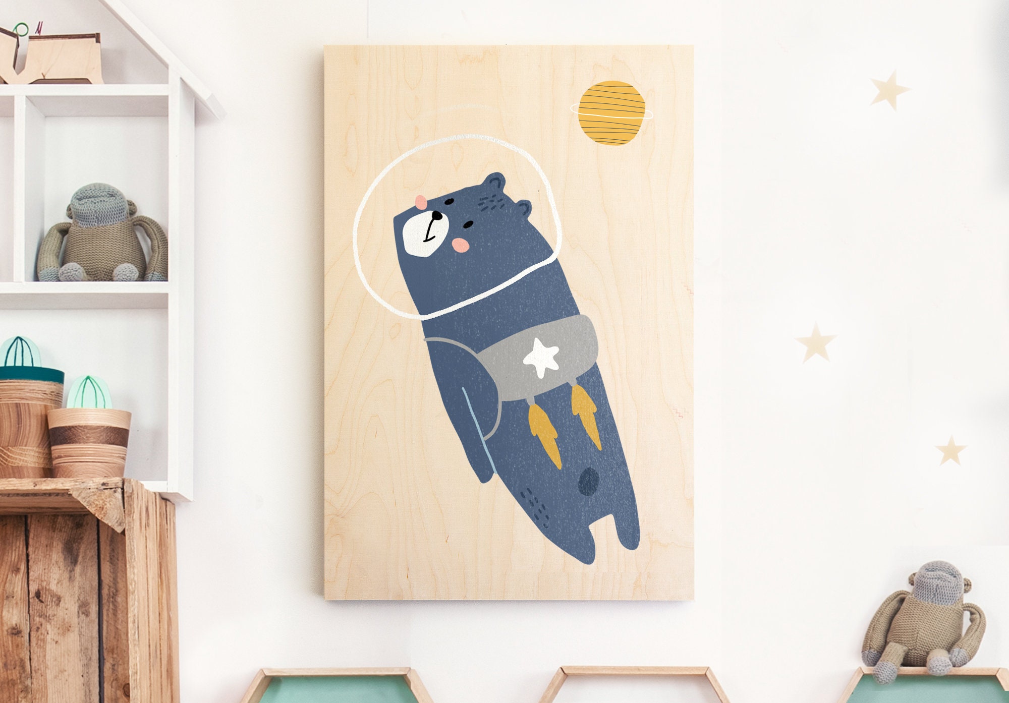 Tableau Bois Ours Astronaute Chambre Enfant de Style - Imprimée sur Bois Tableau Déco Taille A3/A4