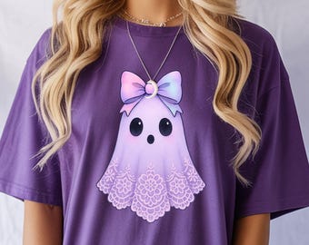 Coquette Iridescent Lace Ghost Halloween T-Shirt Cute Pastel Ghost Graphic T-Shirt Halloween Comfort Colors Gift for Fall Ghost Lovers TS041