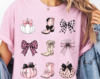 Cowgirl Coquette Fall T-Shirt with Pumpkins and Bows Autumn Cowboy Boots Cute Fashion Top Cottage Core Thanksgiving Fall Wear TS038
