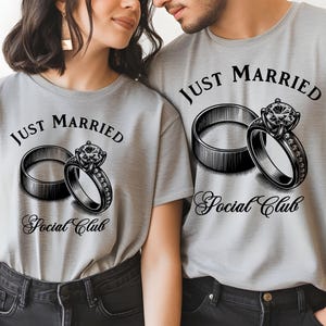 Just Married Tee Matching Couples Shirt Newlywed Honeymoon T Shirts Wedding Rings Funny Just Married Tee Engagement Bridal Shower Gift TS076